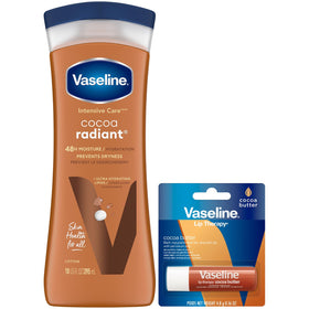 Vaseline Cocoa Radiant front packaging showing lotion and balm for quick hydration
