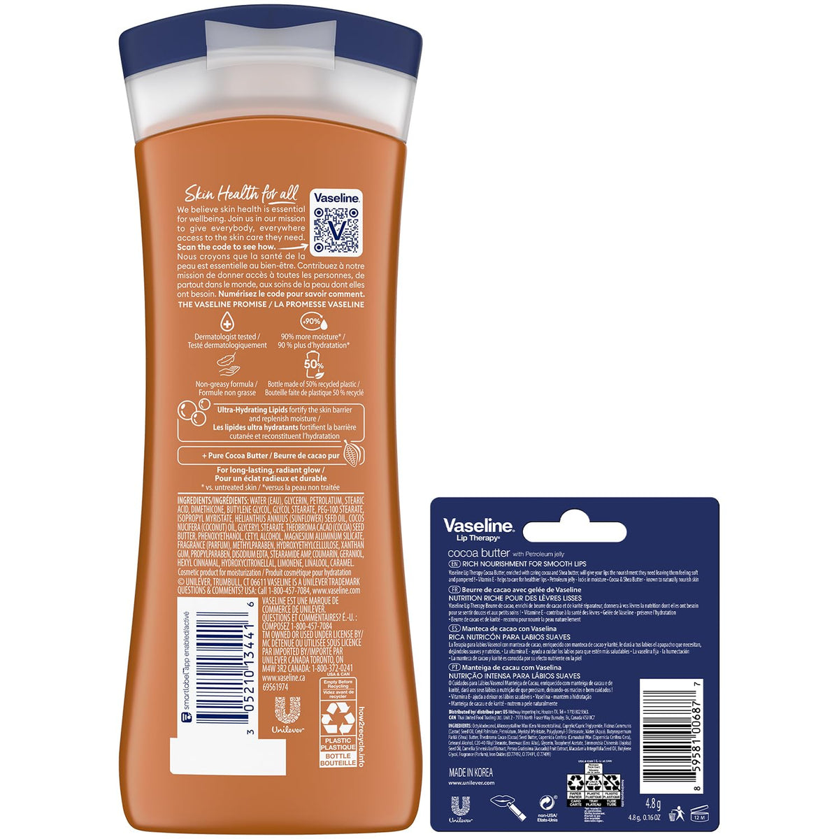 Vaseline bottle label close-up highlighting cocoa butter and moisturizing benefit