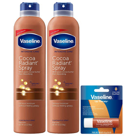 Vaseline front packaging showing two cocoa radiant spray cans and lip balm, quick hydration