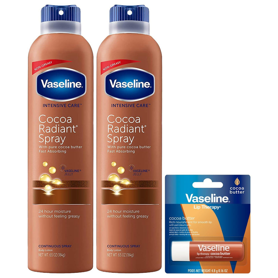 Vaseline front packaging showing two cocoa radiant spray cans and lip balm, quick hydration