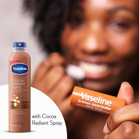 Vaseline close-up of product label detailing cocoa butter ingredients and benefits