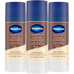 Vaseline front packaging showing three cocoa shimmer sticks and travel convenience