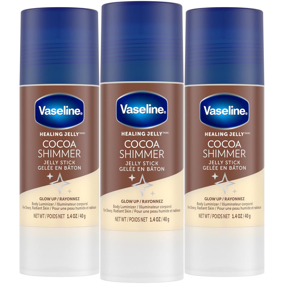 Vaseline front packaging showing three cocoa shimmer sticks and travel convenience