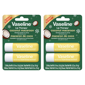 Vaseline front packaging of Coconut Macaroon holiday twin pack showing four sticks for convenient gifting