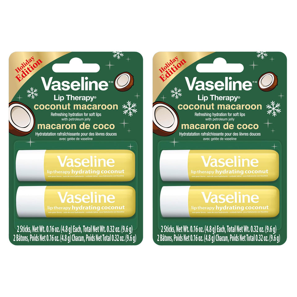 Vaseline front packaging of Coconut Macaroon holiday twin pack showing four sticks for convenient gifting