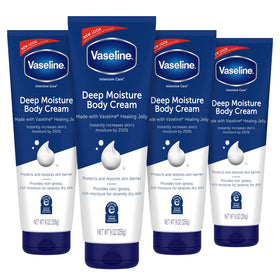 Vaseline front packaging showing the four-pack and clear product labeling for value