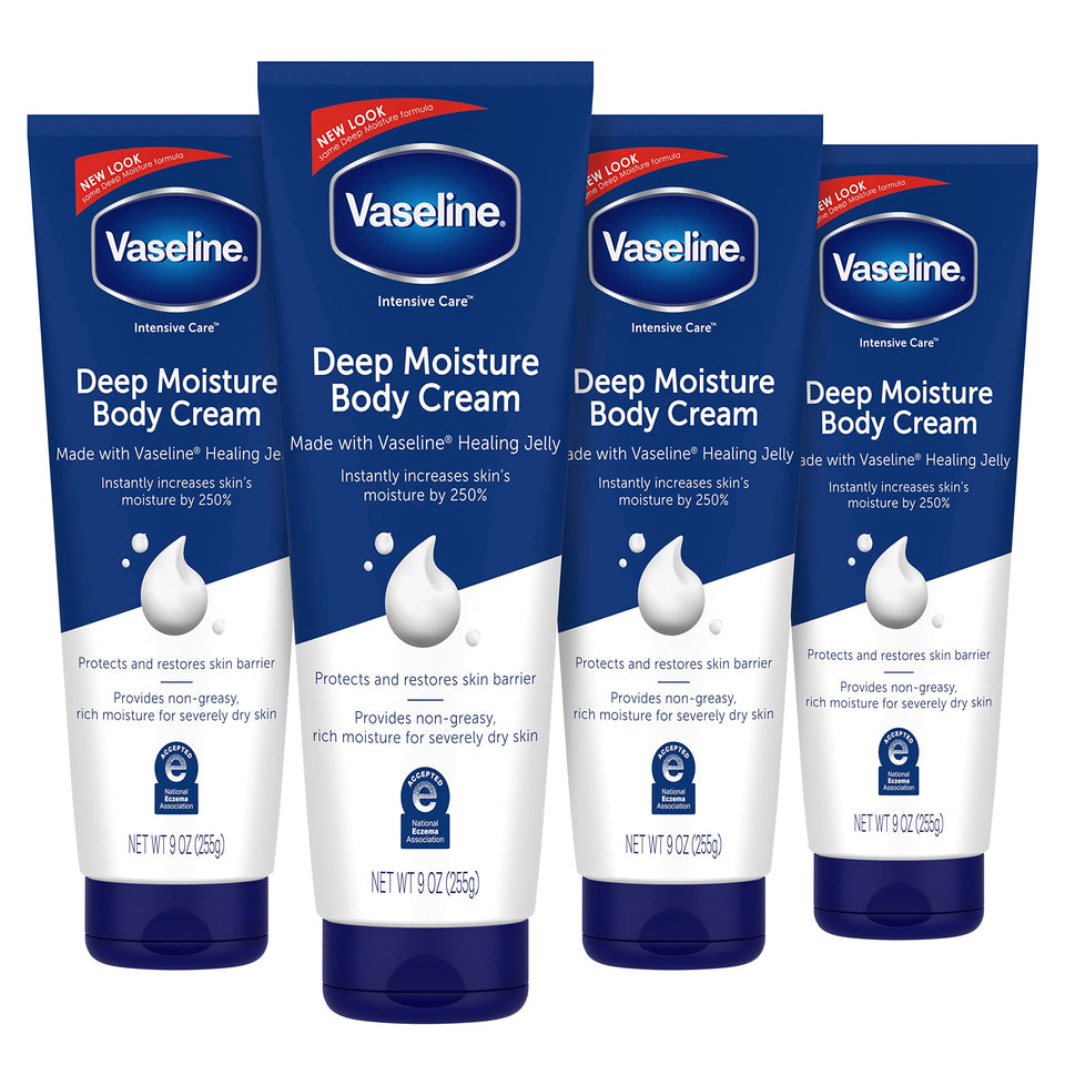 Vaseline front packaging showing the four-pack and clear product labeling for value