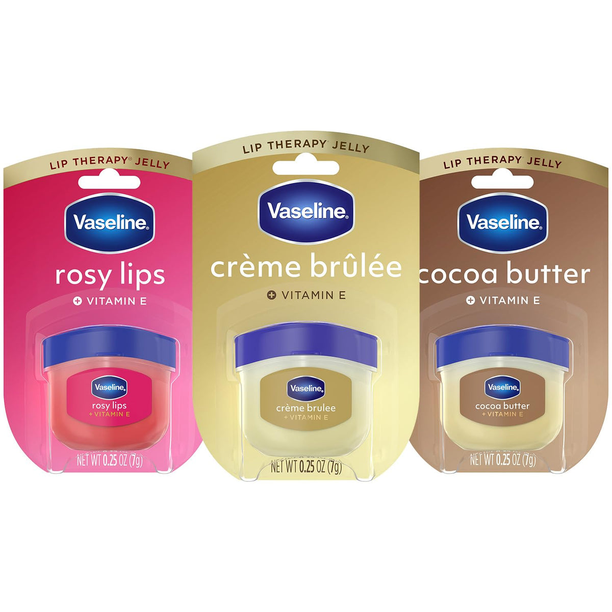 Vaseline front packaging showing three mini jars and variety benefits