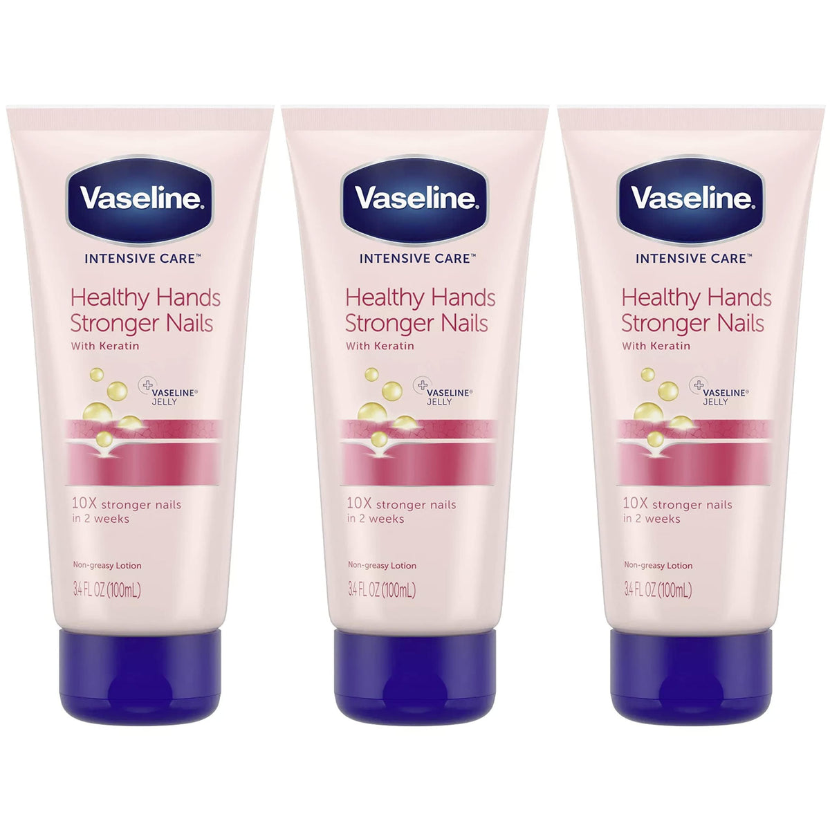 Vaseline front packaging showing three travel-size tubes and brand benefit