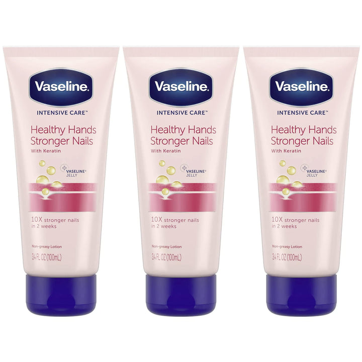 Vaseline front packaging showing three travel-size tubes and brand benefit
