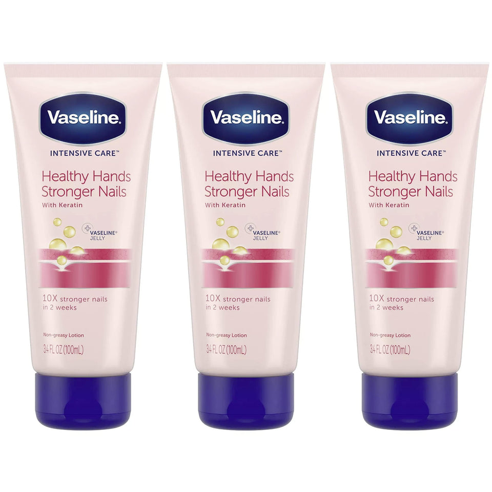 Vaseline front packaging showing three travel-size tubes and brand benefit