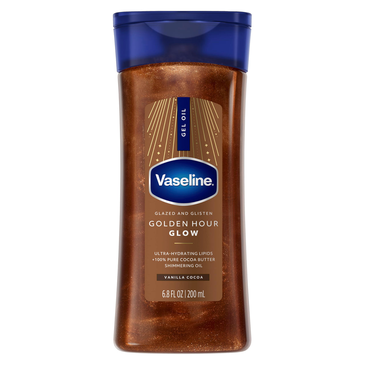 Vaseline front packaging showing golden bronze shimmer and product benefit