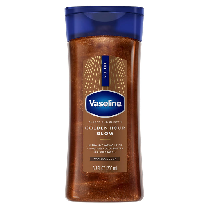 Vaseline front packaging showing golden bronze shimmer and product benefit