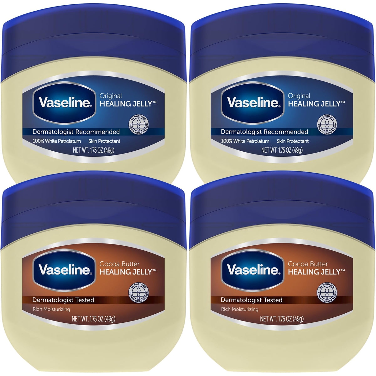 Vaseline travel four-pack front view showing compact jars and portability benefit