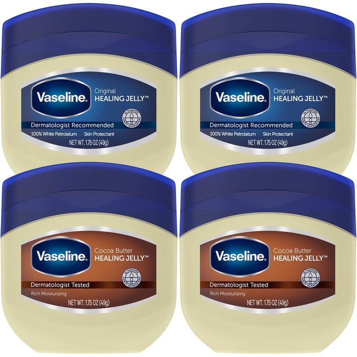 Vaseline travel four-pack front view showing compact jars and portability benefit