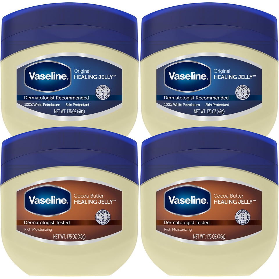 Vaseline travel four-pack front view showing compact jars and portability benefit