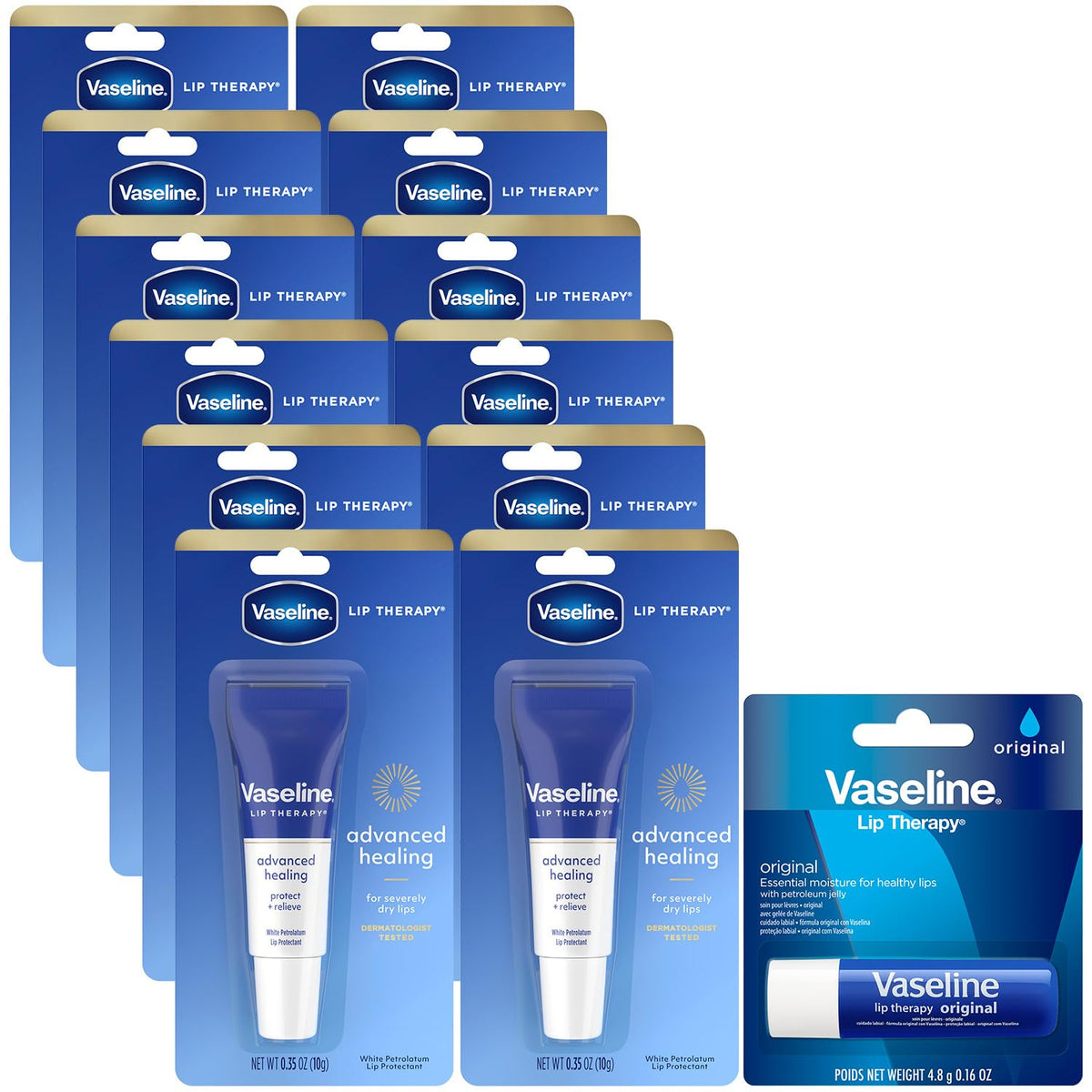 Vaseline front packaging showing 12 lip balm tubes for convenient supply