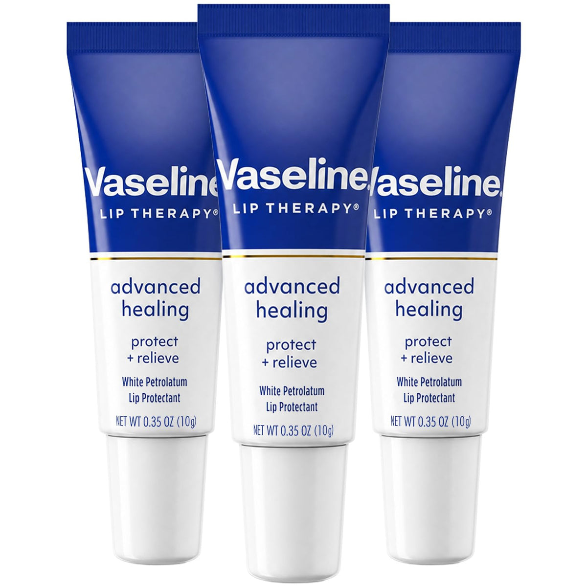 Vaseline front packaging showing three white lip therapy tubes for convenience