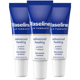 Vaseline front packaging showing three white lip therapy tubes for convenience
