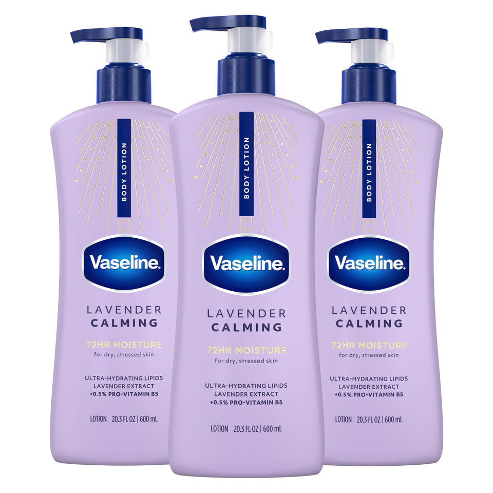 Vaseline front packaging showing three 20.3 oz bottles and value savings