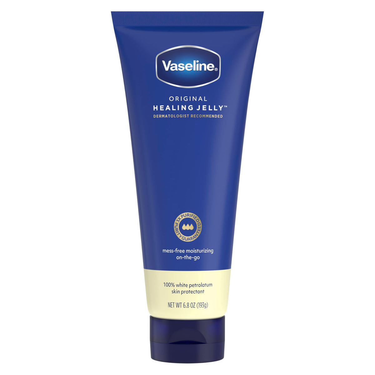 Vaseline tube front view showing brand and size for easy identification and portability