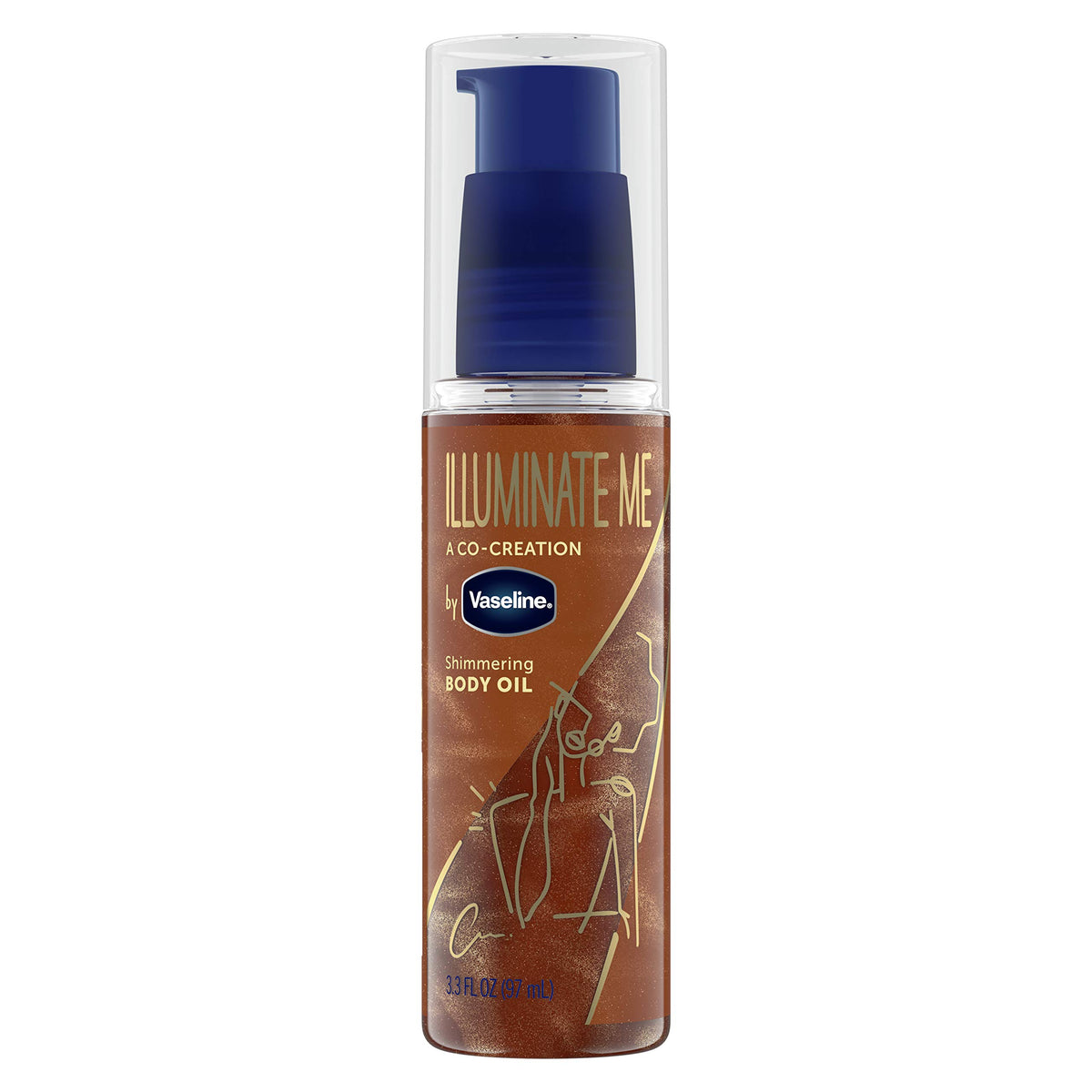 Vaseline front packaging showing shimmering body oil and elegant bottle benefit glow