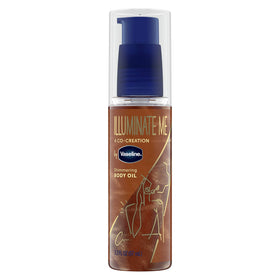Vaseline front packaging showing shimmering body oil and elegant bottle benefit glow