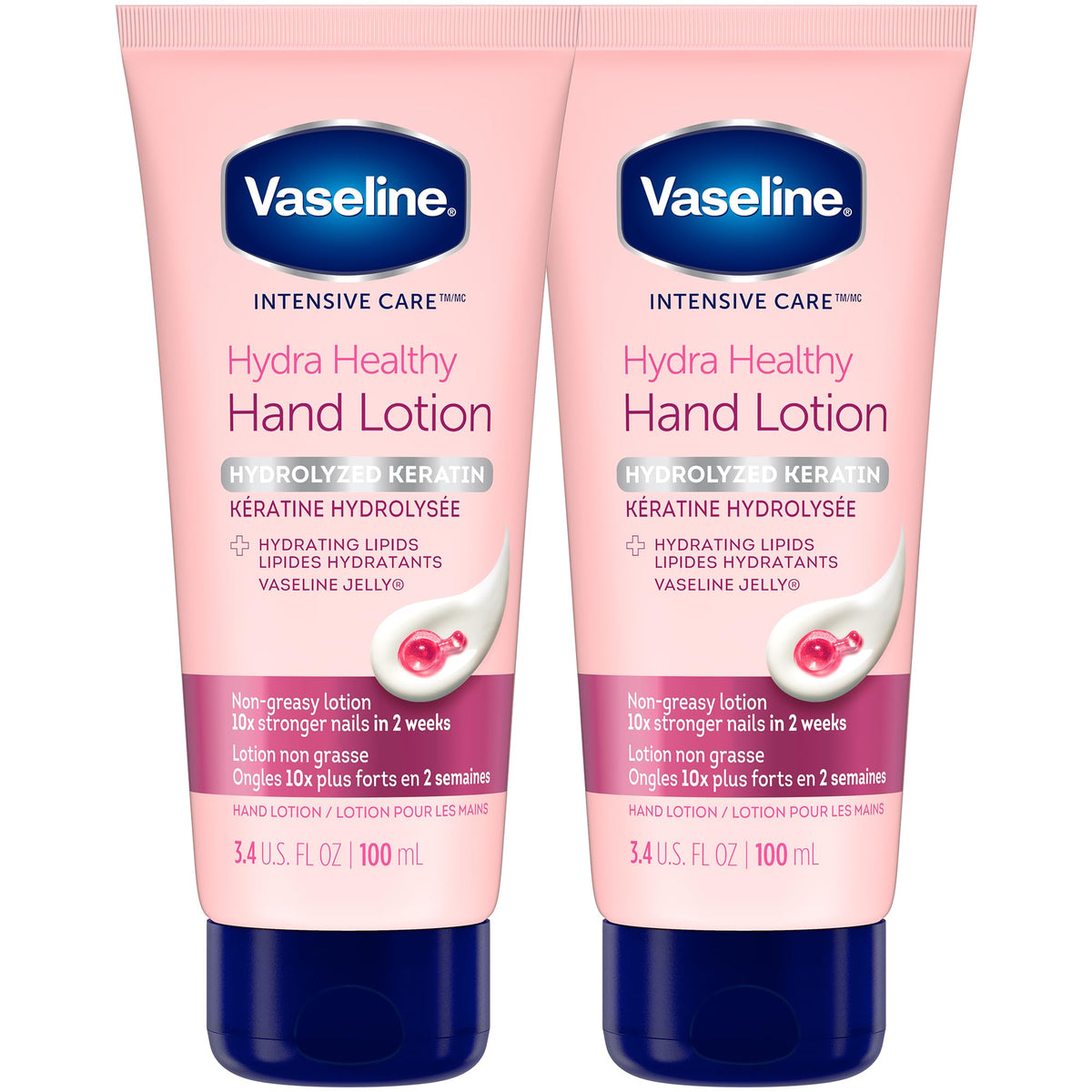Vaseline front packaging showing 2-pack and benefits of keratin