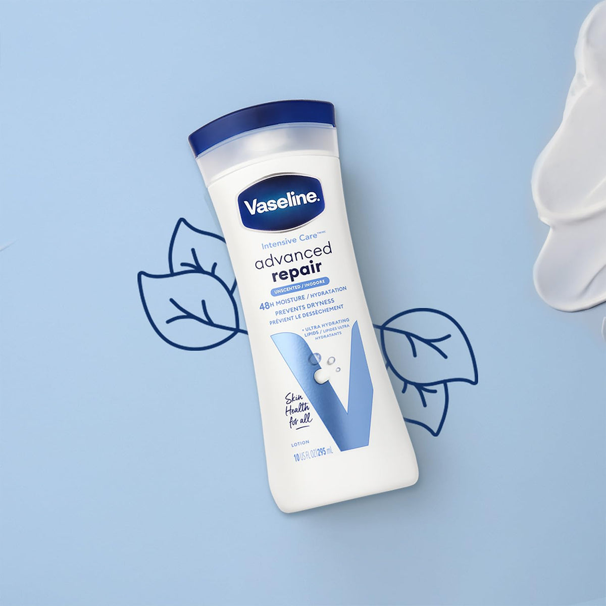 Close-up on Vaseline label listing moisturizing components and gentle, unscented benefit