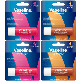 Vaseline front packaging showing four lip therapy sticks for portable hydration