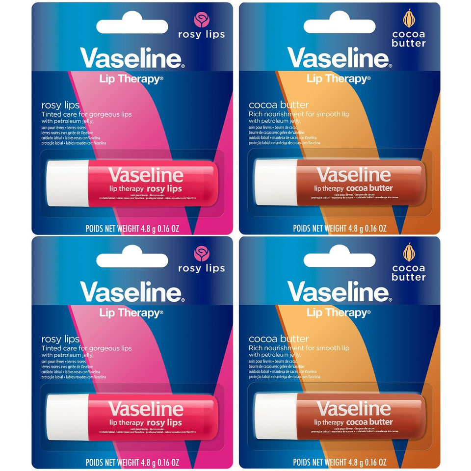 Vaseline front packaging showing four lip therapy sticks for portable hydration