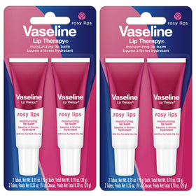 Vaseline front view of two rosy lip therapy tubes showing tidy packaging and portability