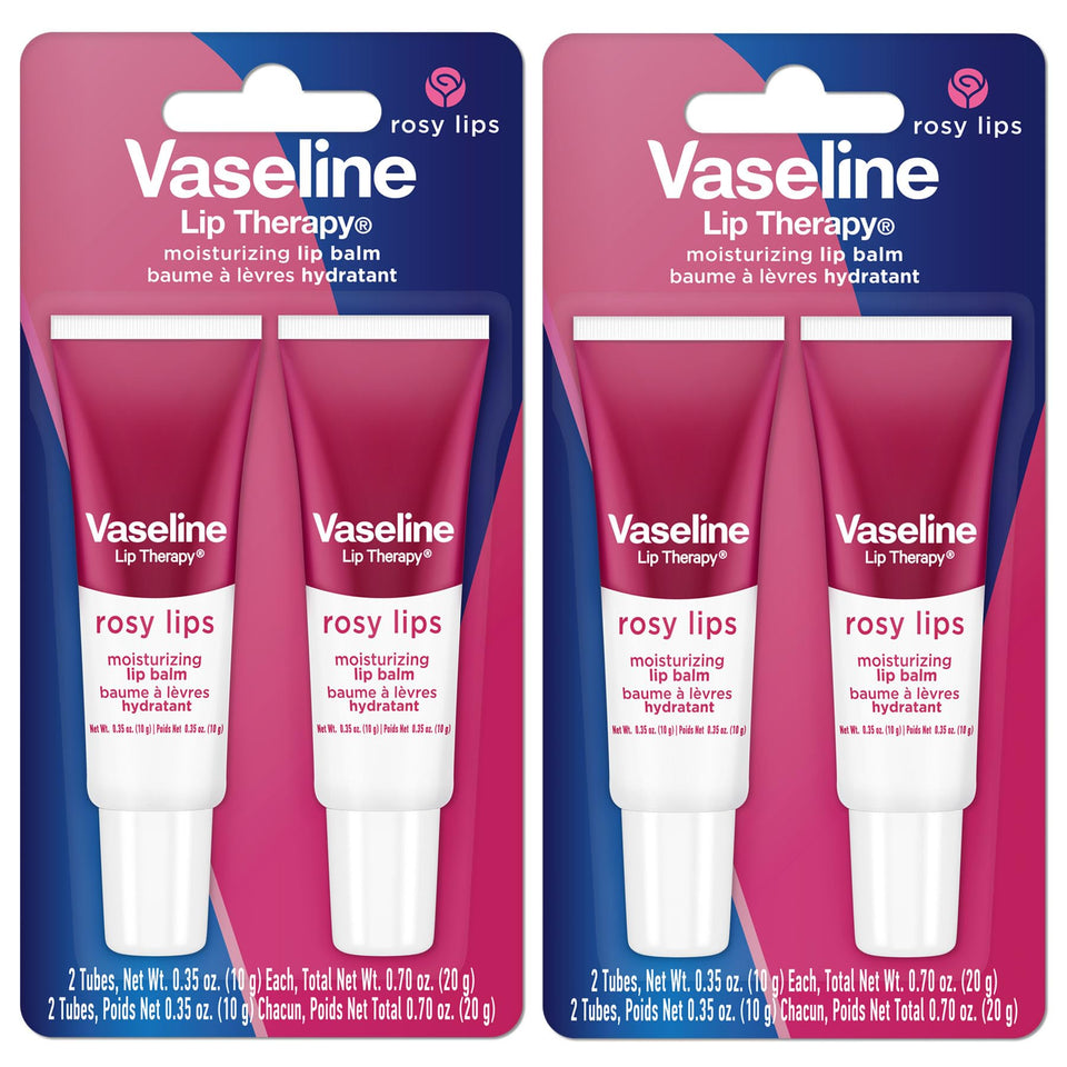 Vaseline front view of two rosy lip therapy tubes showing tidy packaging and portability