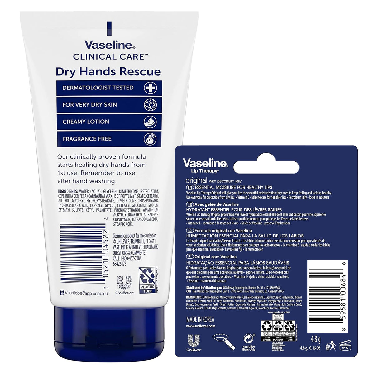 Vaseline Lip Therapy Original in hand demonstrating quick lip moisture on the go