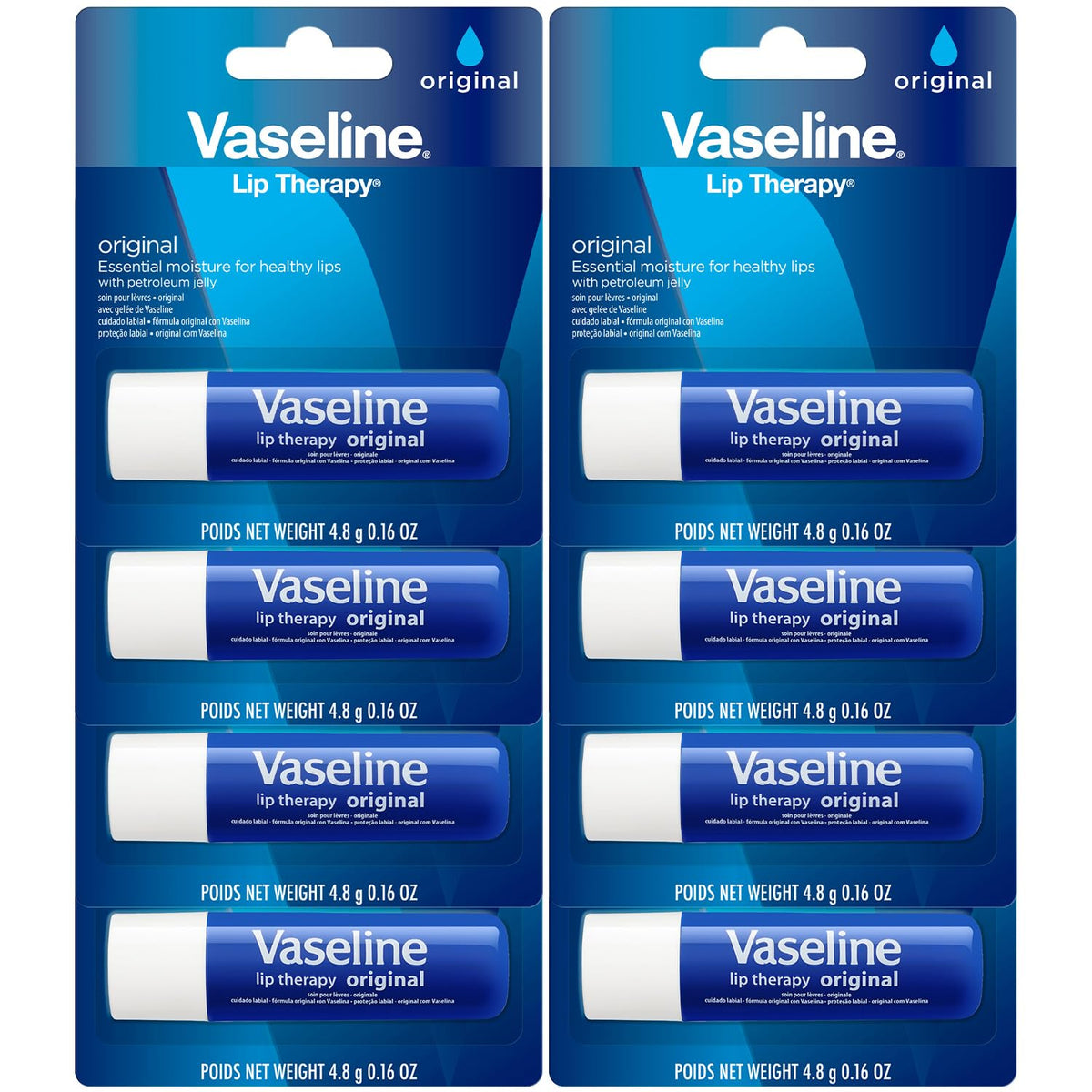 Vaseline front packaging showing eight compact lip therapy sticks for easy access