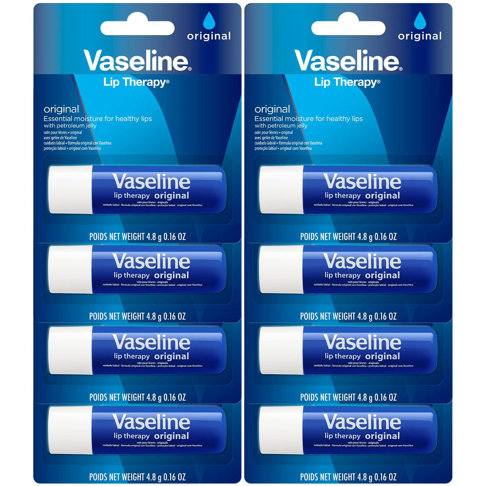 Vaseline front packaging showing eight compact lip therapy sticks for easy access