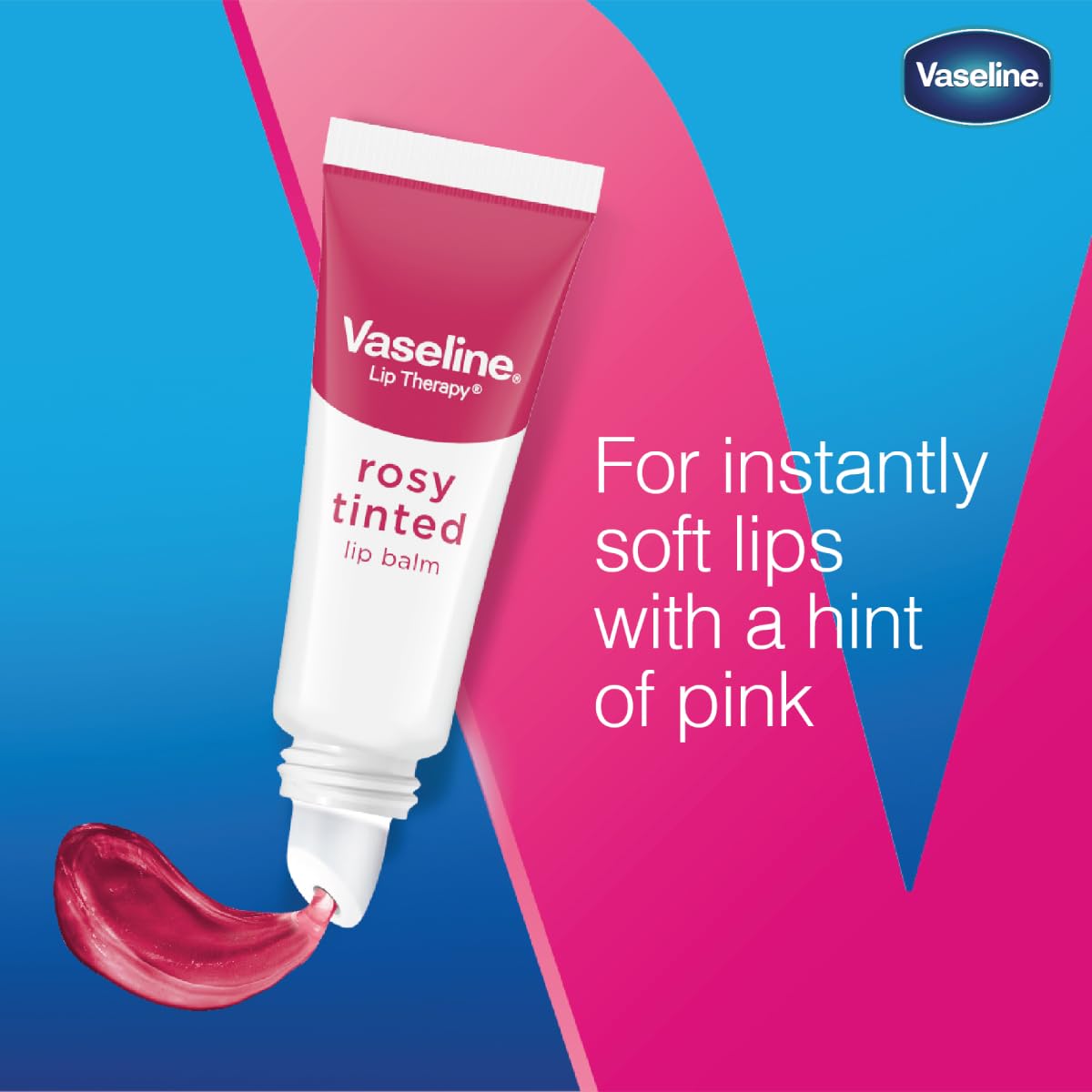 Vaseline rosy tint swatched on finger demonstrating sheer color and moisturizing finish