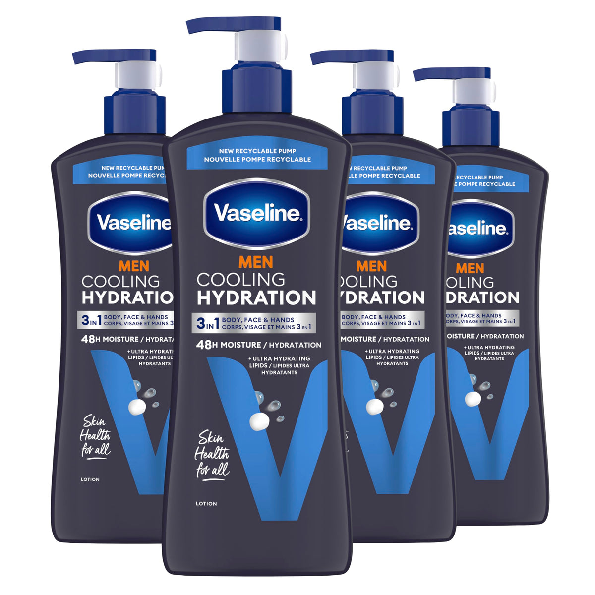 Vaseline front packaging showing bottle and brand, conveys quick hydration benefit