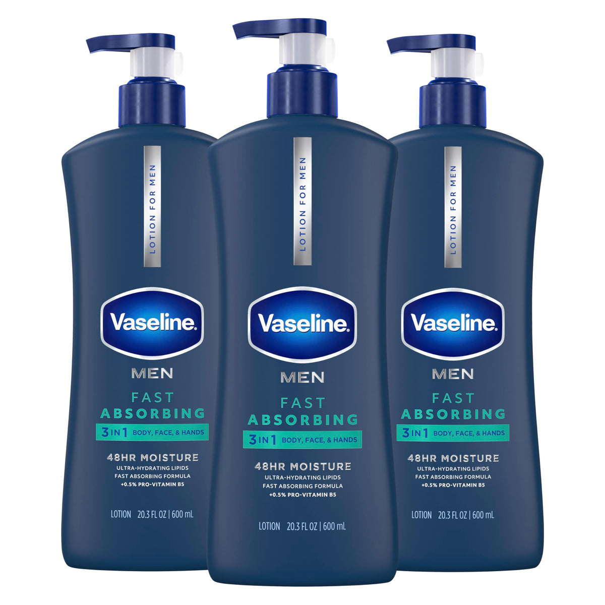 Vaseline front packaging showing 20.3 oz bottle and pack benefits