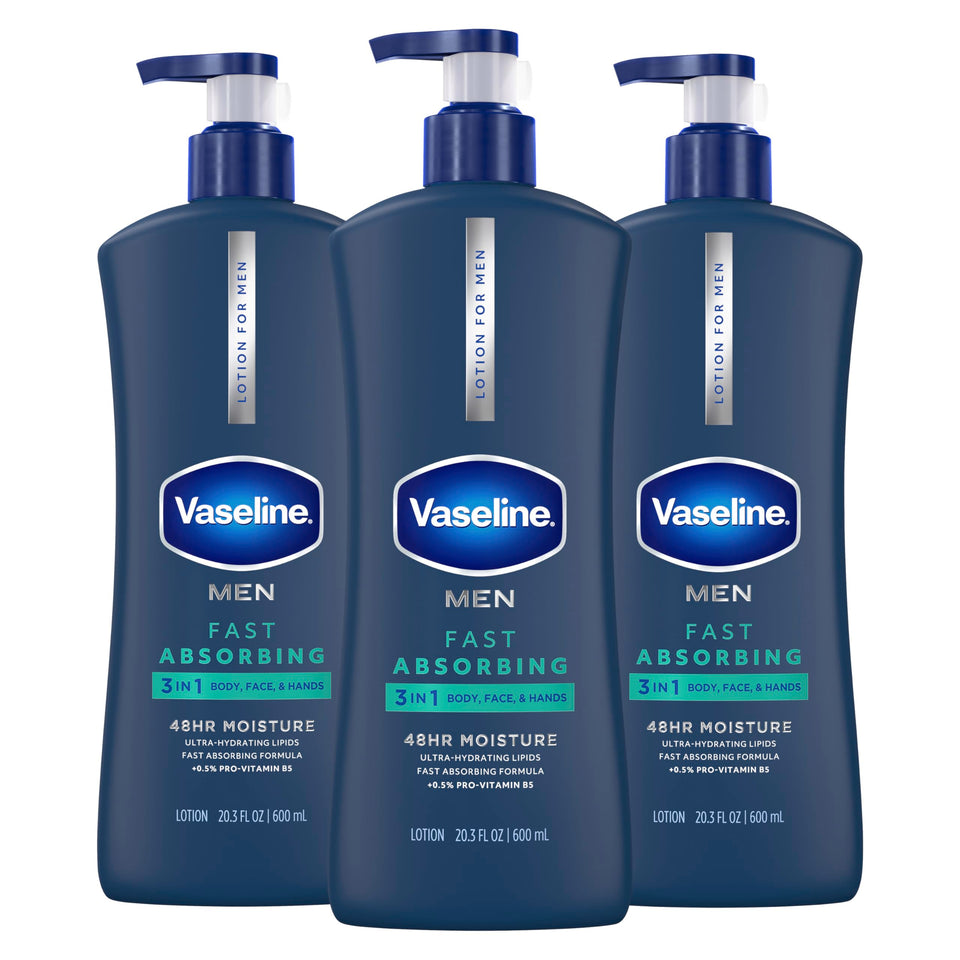 Vaseline front packaging showing 20.3 oz bottle and pack benefits