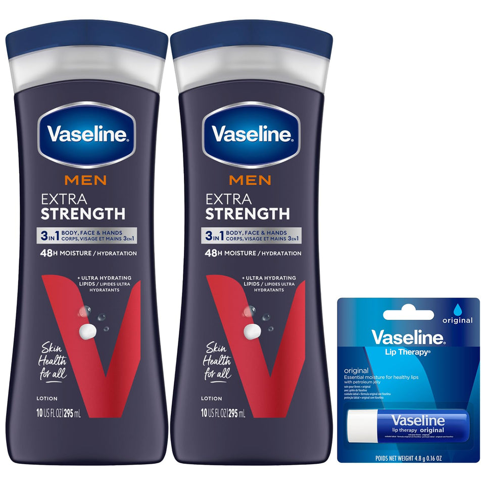 Vaseline men lotion front packaging showing product benefits and size