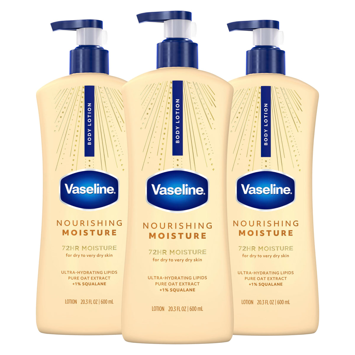 Vaseline front packaging showing three 20.3 oz bottles and clear branding for value