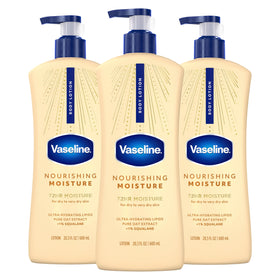 Vaseline front packaging showing three 20.3 oz bottles and clear branding for value