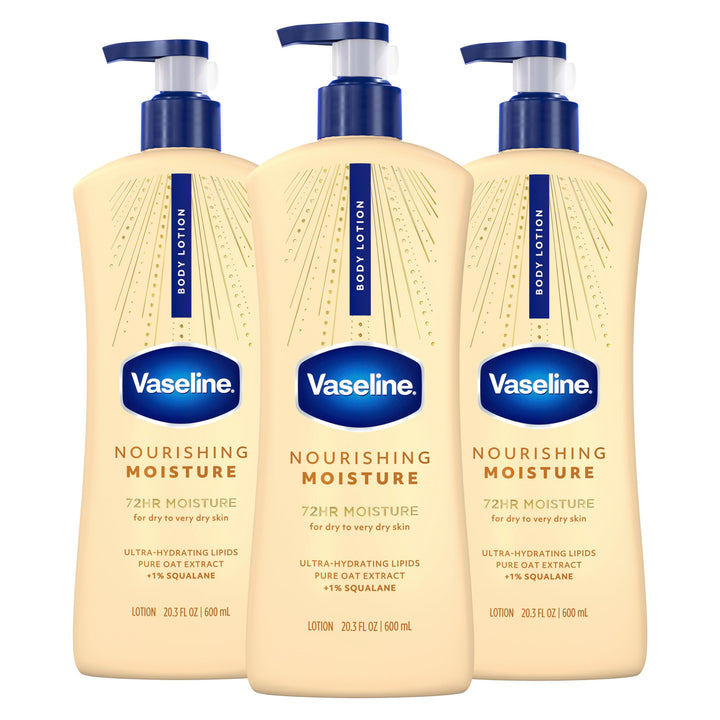 Vaseline front packaging showing three 20.3 oz bottles and clear branding for value
