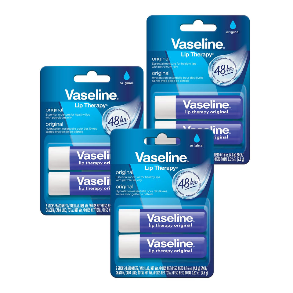 Vaseline original front packaging showing six balms and portability benefit