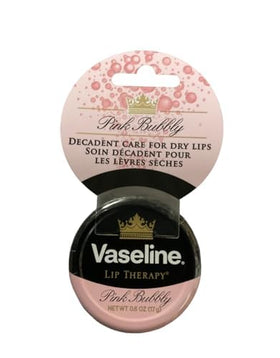 vaseline pink bubbly applied on lips showing subtle tint and shine for a polished look