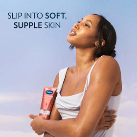 Vaseline bottle on bathroom counter next to towel suggesting daily routine and shelf-ready benefit