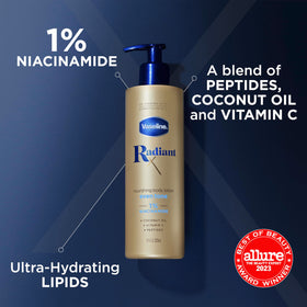 Vaseline Radiant X ingredients label highlighting 1% niacinamide and active blend benefit