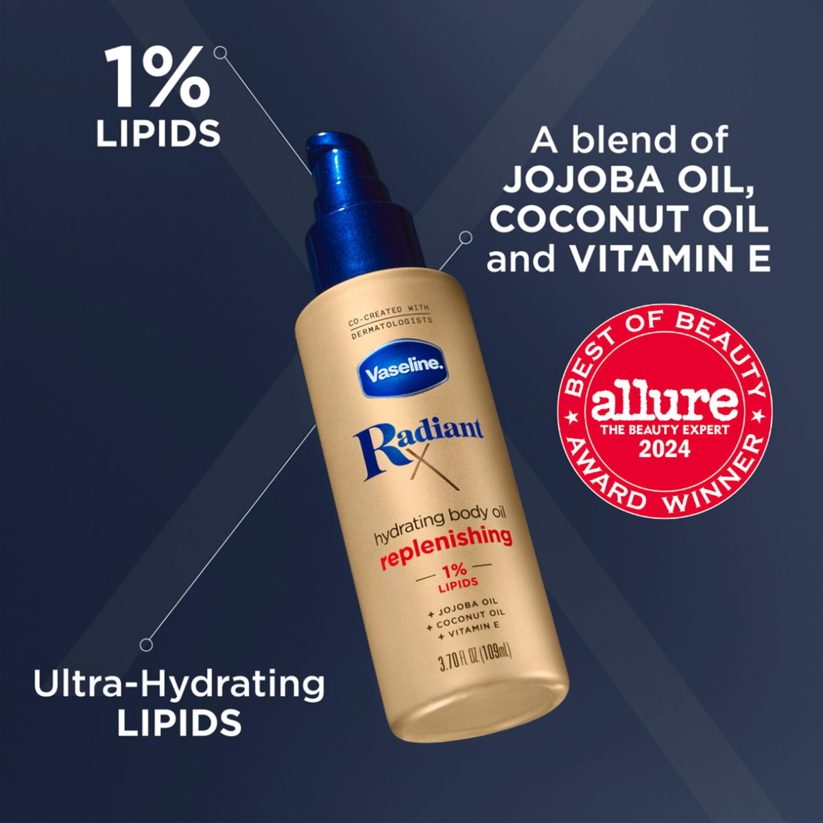 Vaseline Radiant X oil texture closeup showing lightweight, non-sticky finish