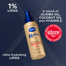 Vaseline Radiant X oil texture closeup showing lightweight, non-sticky finish
